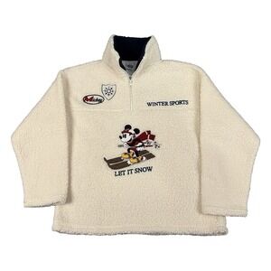 Disney Mickey Mouse Winter Sherpa 1/4 Zip Pullover Jacket Womens Sz XL Off-White